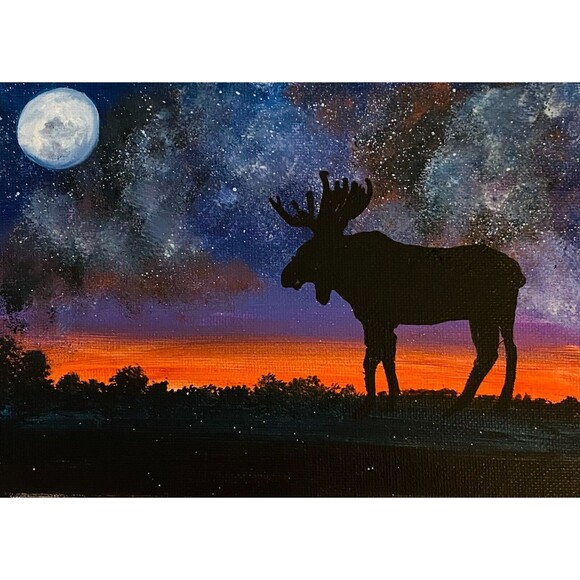 Elk Painting Starry Night Galaxy Art 5x7" Original Fine Art Hardboard Oil - Picture 1 of 8